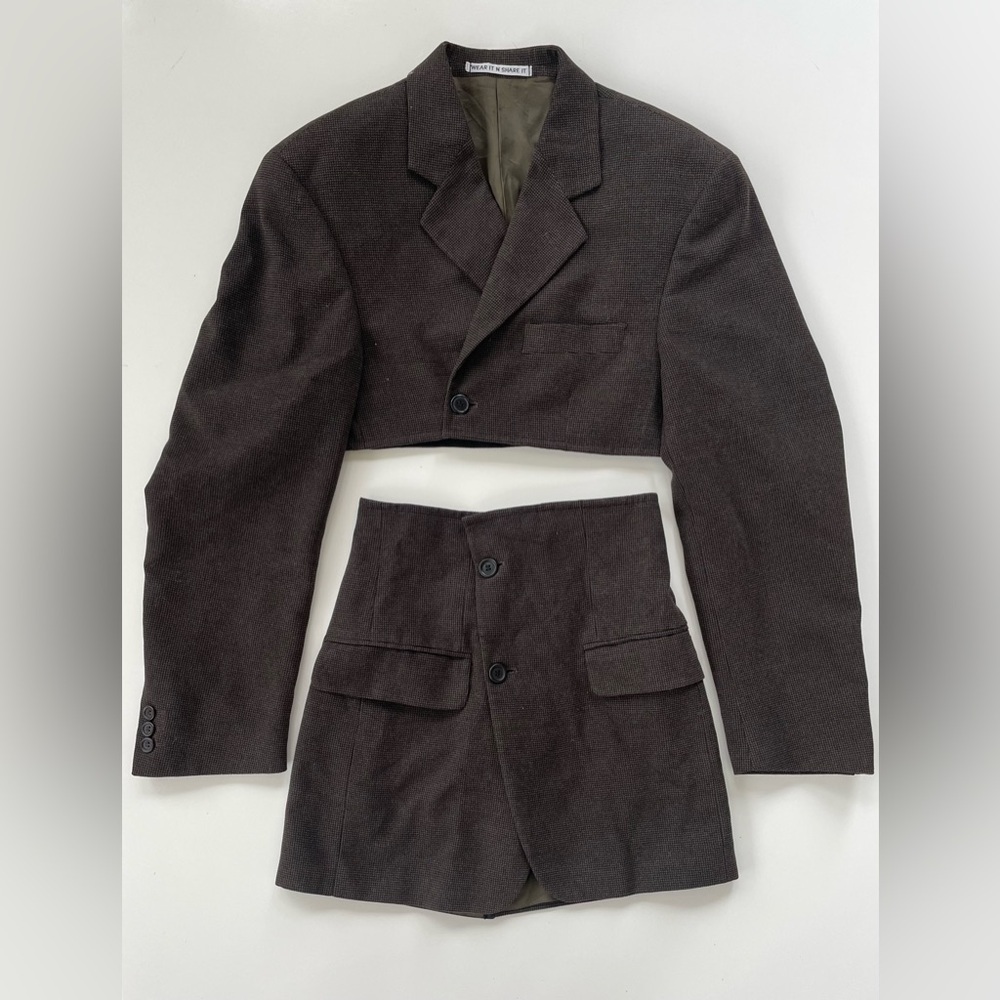 WEAR IT N SHARE IT Reworked Blazer Skirt Suit Brown Mini Plaid Oversized Size XS
